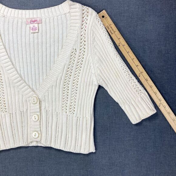 Candies V- Neck Cardigan Womens S Girls XL Ivory Knit Casual Minimalist Sweater - Picture 13 of 15